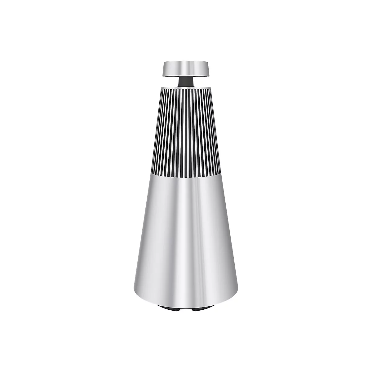 Silberner, kegelförmiger Bang & Olufsen Beosound 2 Lautsprecher vor weißem Hintergrund.