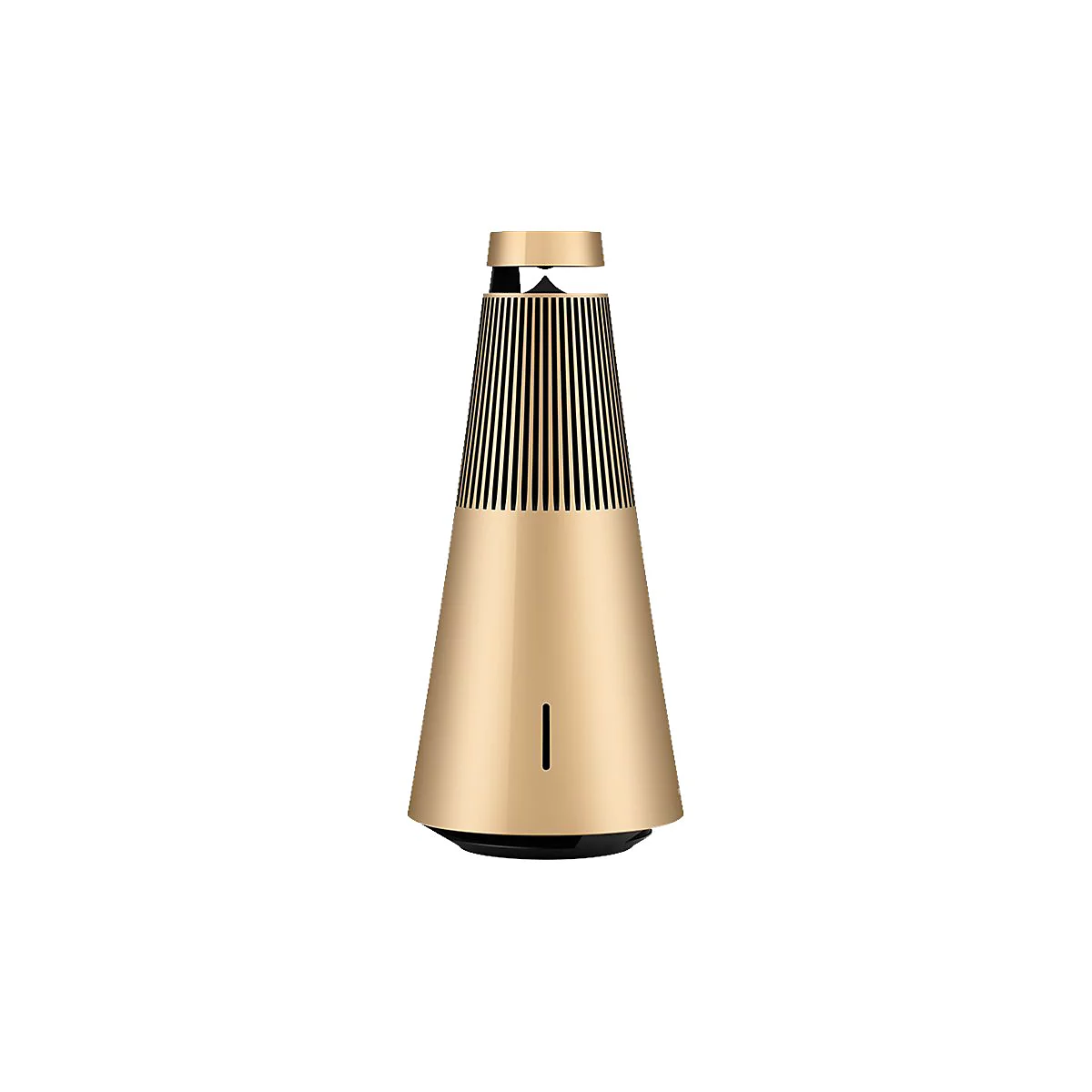 Goldener kegelförmiger Lautsprecher mit Lamellenoptik vor weißem Hintergrund.