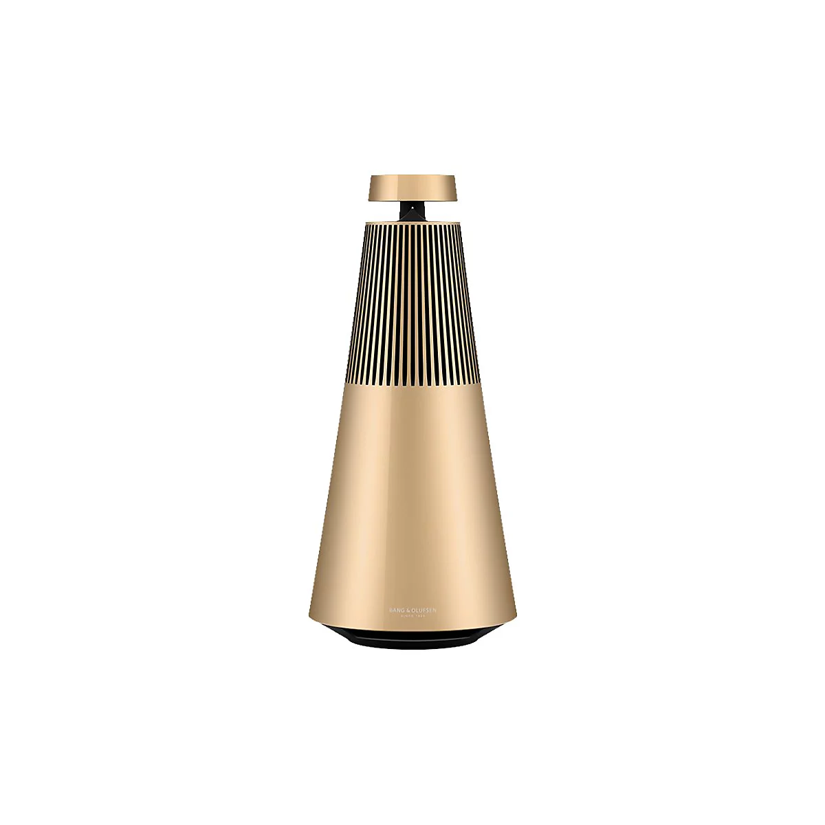 Goldener Bang & Olufsen Lautsprecher in konischer Form vor weißem Hintergrund.