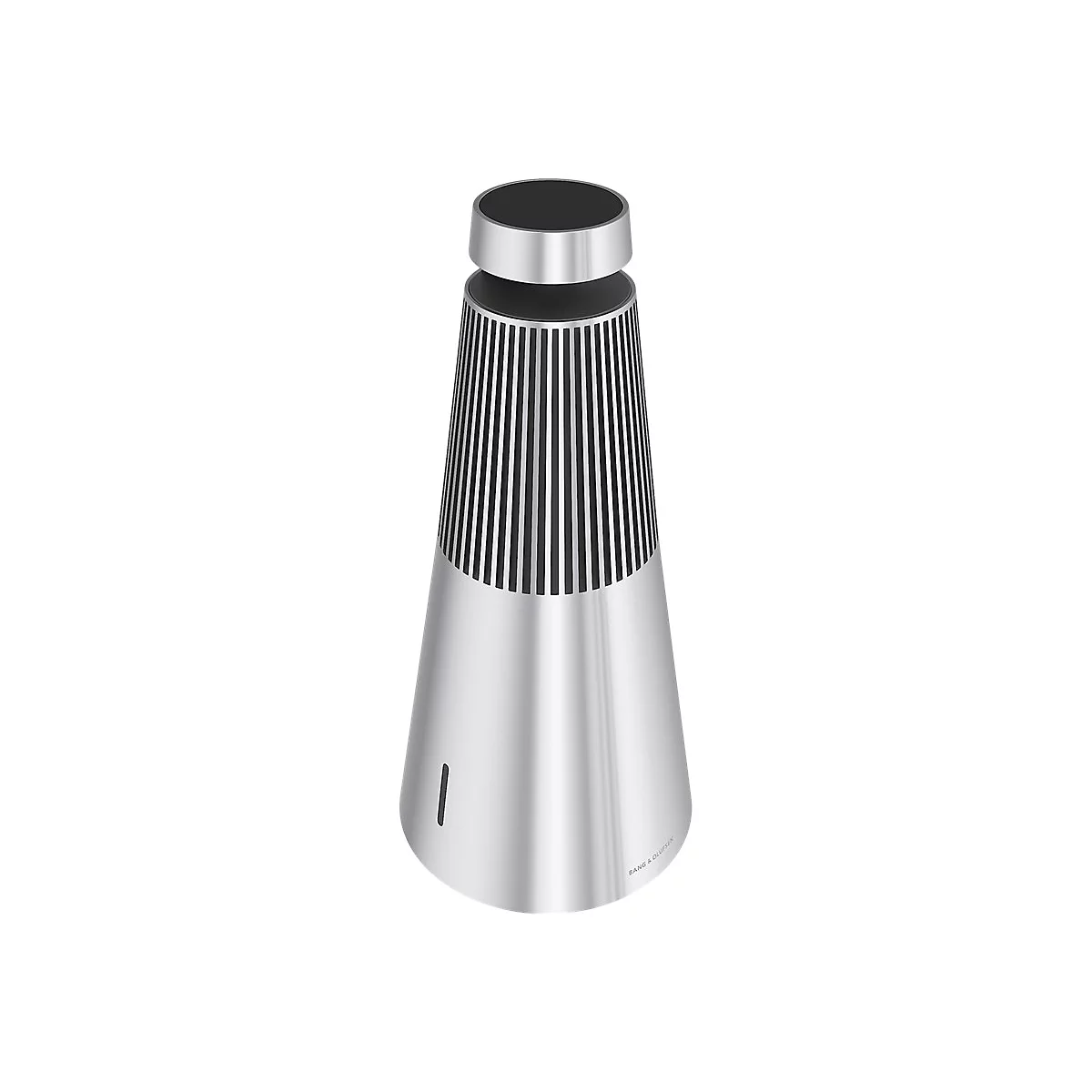 Silberner Bang & Olufsen Lautsprecher mit kegelförmigem Design auf weißem Hintergrund.