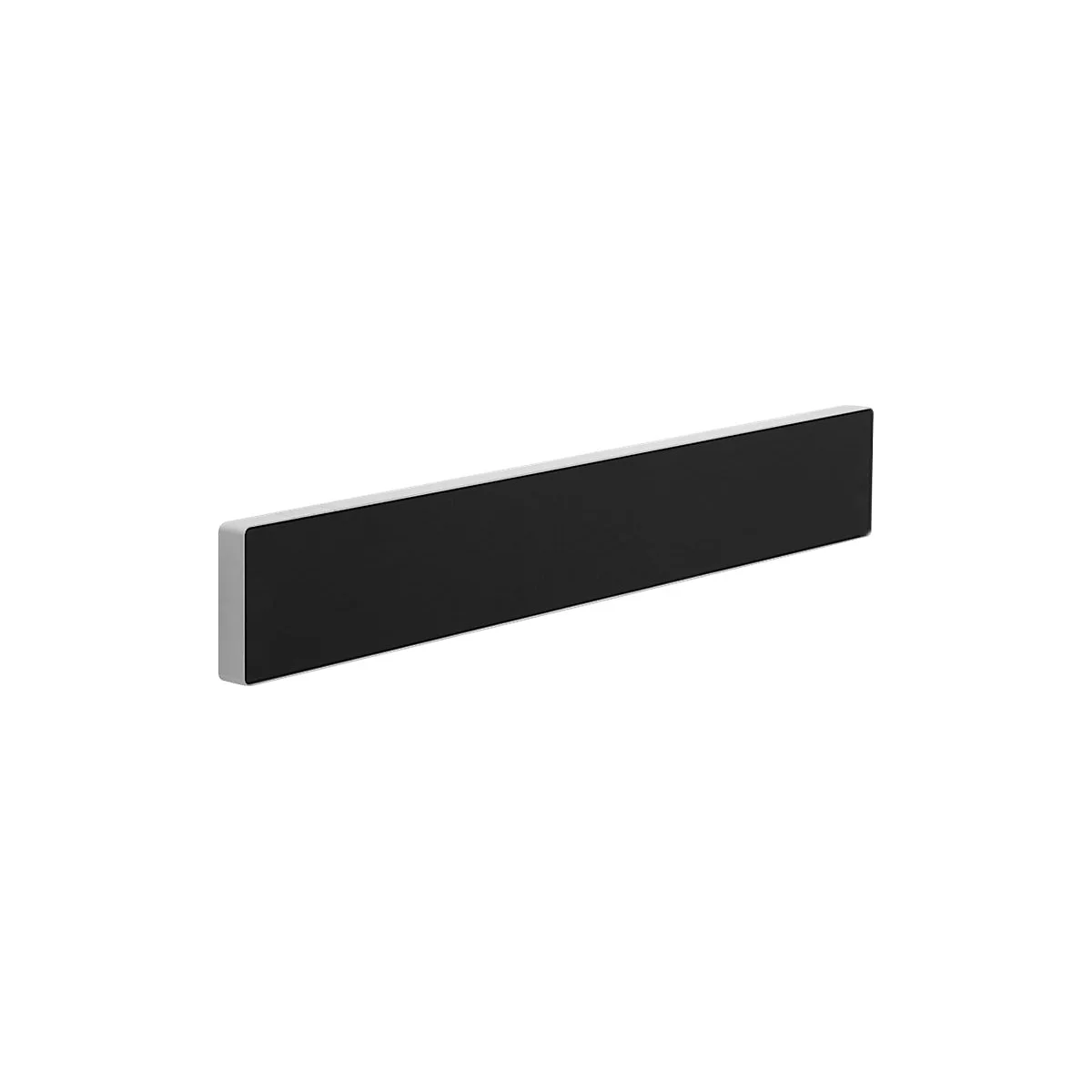 Schlanke, rechteckige Soundbar mit schwarzer Front und silbernem Rahmen vor weißem Hintergrund.