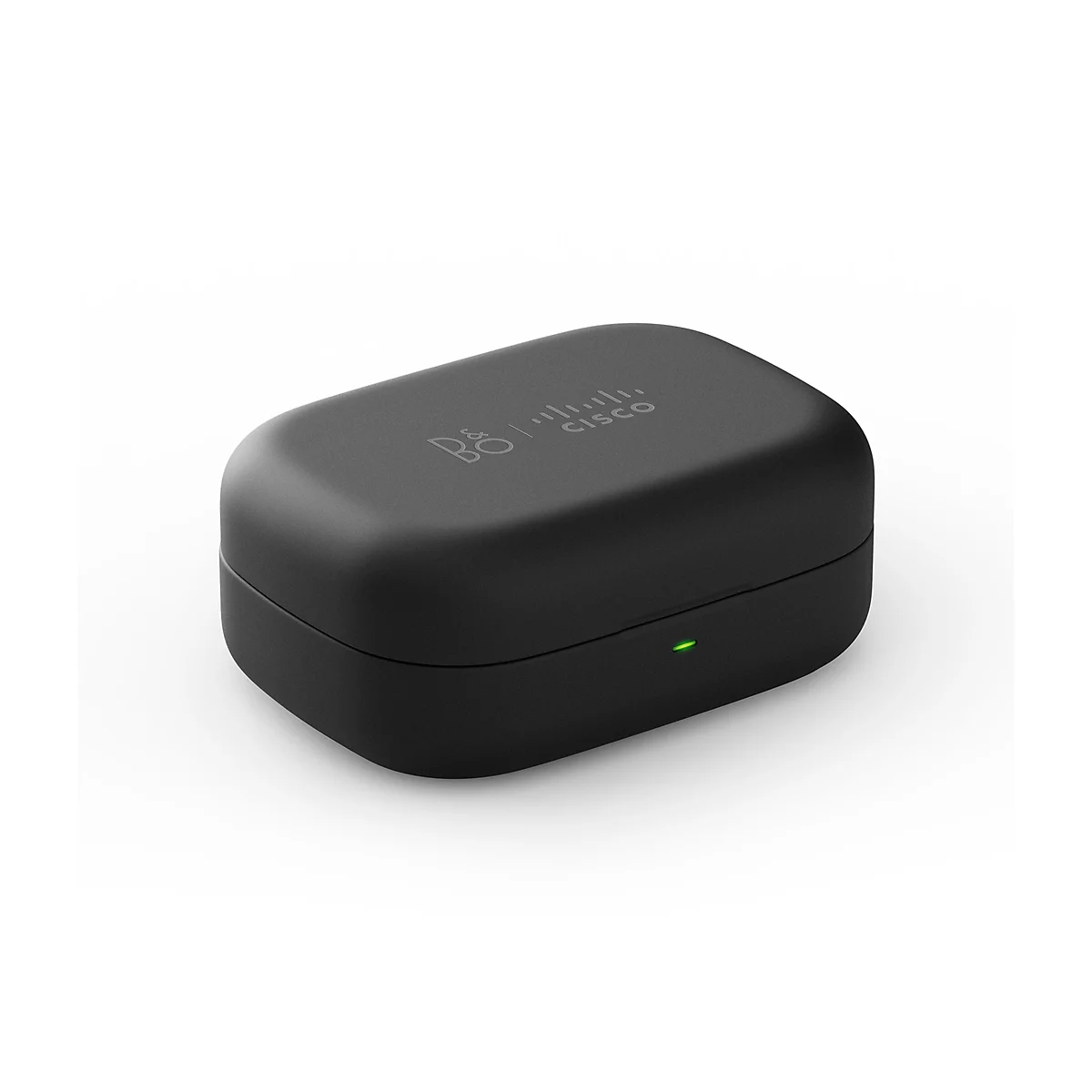 Schwarze, rechteckige Box mit abgerundeten Ecken und Logos von Bang & Olufsen und Cisco. Ein grünes Licht ist sichtbar.