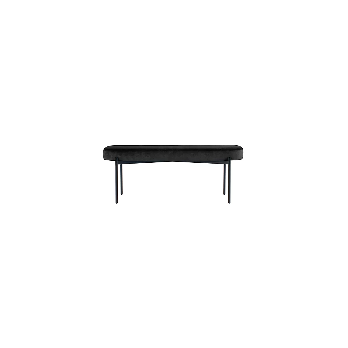 Zwarte fluwelen bank met metalen frame. Afgeronde vorm.