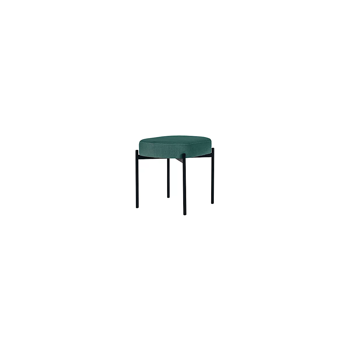 Een groene kruk met een zwart metalen frame. De zitting is ovaal en gewatteerd.