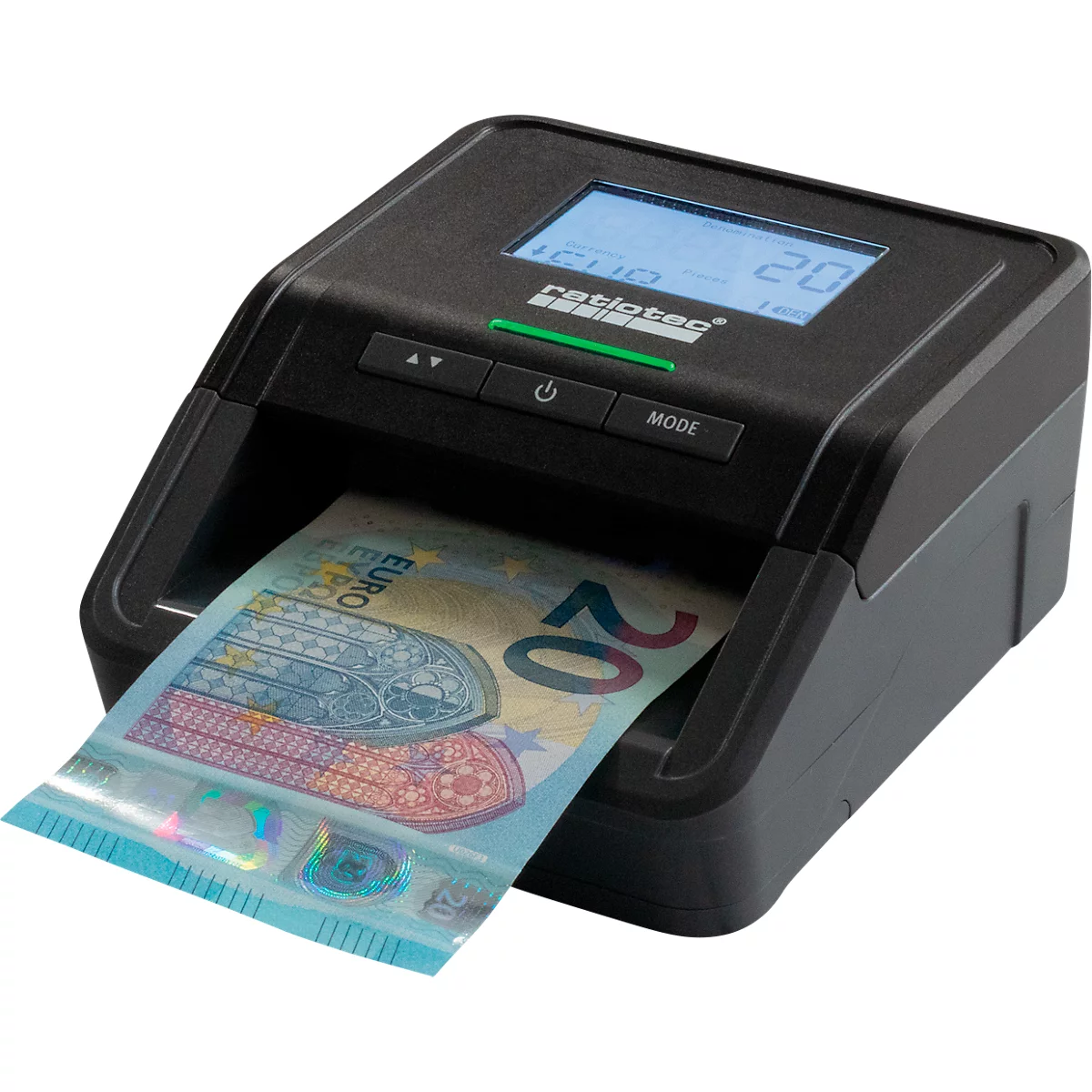 Bankbiljetten validator ratiotec Smart Protect Plus, ECB standaard, IR/MG/MT/SD, 3 valuta's, LC-display &amp; waarschuwingssignaal, telfunctie, USB/microSD, zwart