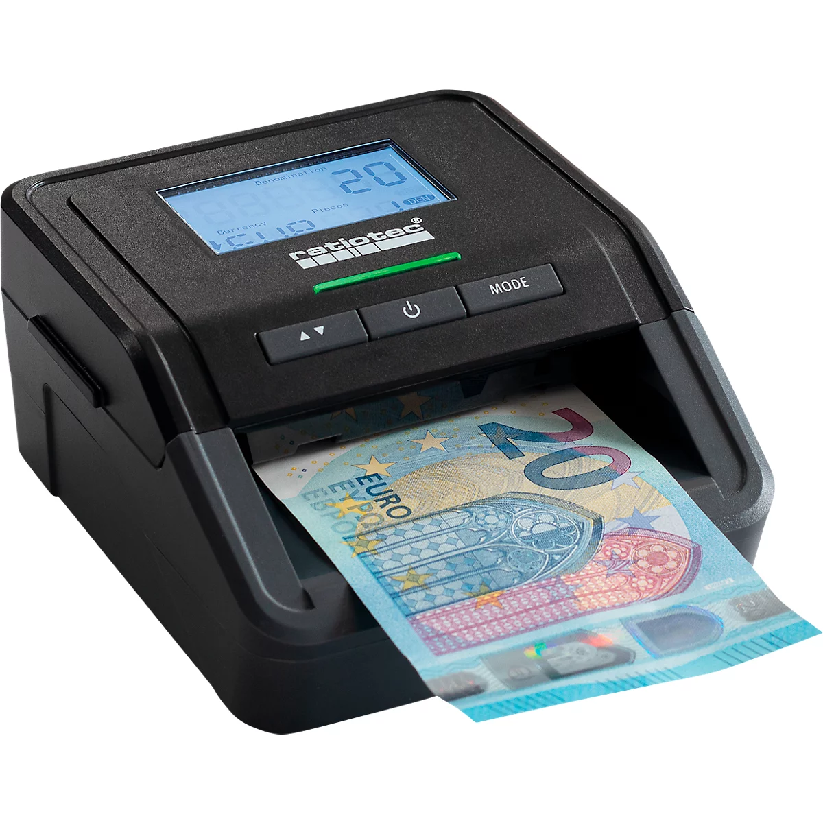 Bankbiljetten validator ratiotec Smart Protect Plus, ECB standaard, IR/MG/MT/SD, 3 valuta's, LC-display &amp; waarschuwingssignaal, telfunctie, USB/microSD, zwart