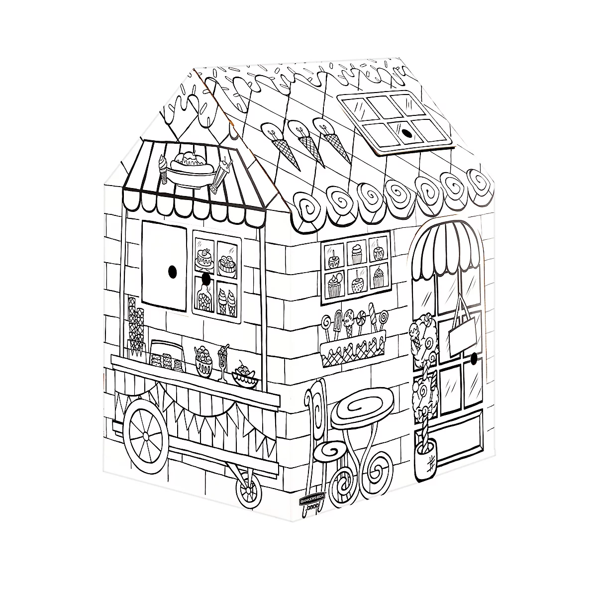 Illustration en noir et blanc d'un chariot à glaces avec des éléments détaillés. Sur le côté, il y a une petite table avec une chaise.