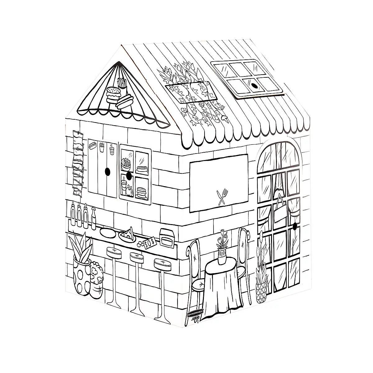 Illustration en noir et blanc d'un petit café. Fenêtres, porte, comptoir, table et chaises sont représentées. De la nourriture est visible dans la fenêtre.