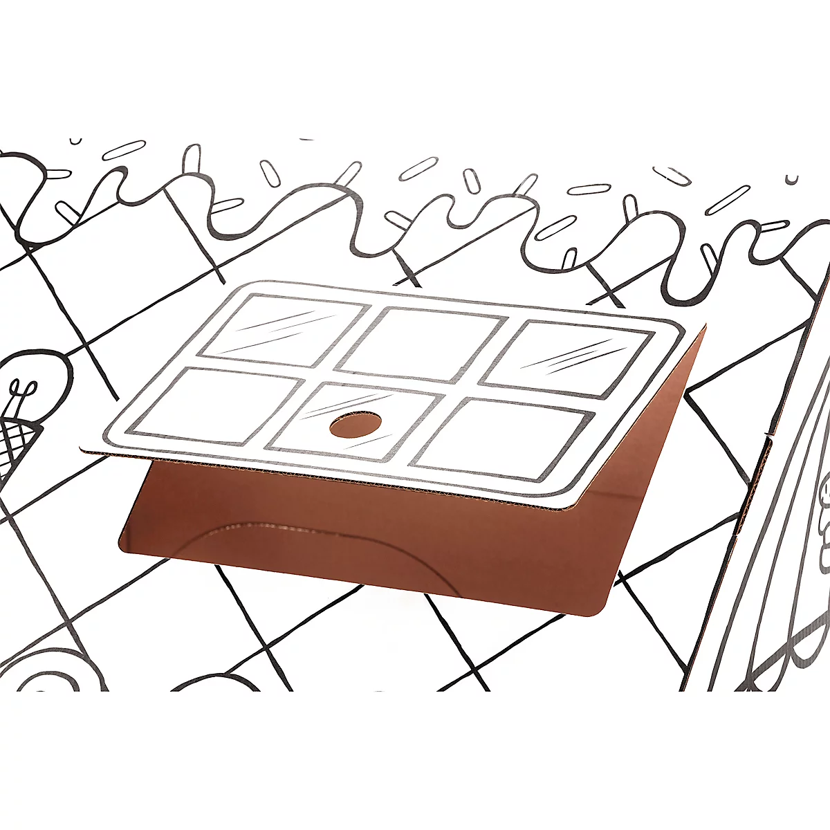 Illustration d'une carte avec 6 champs. Brun et blanc. En arrière-plan, on voit des glaces, des lignes et des vermicelles.