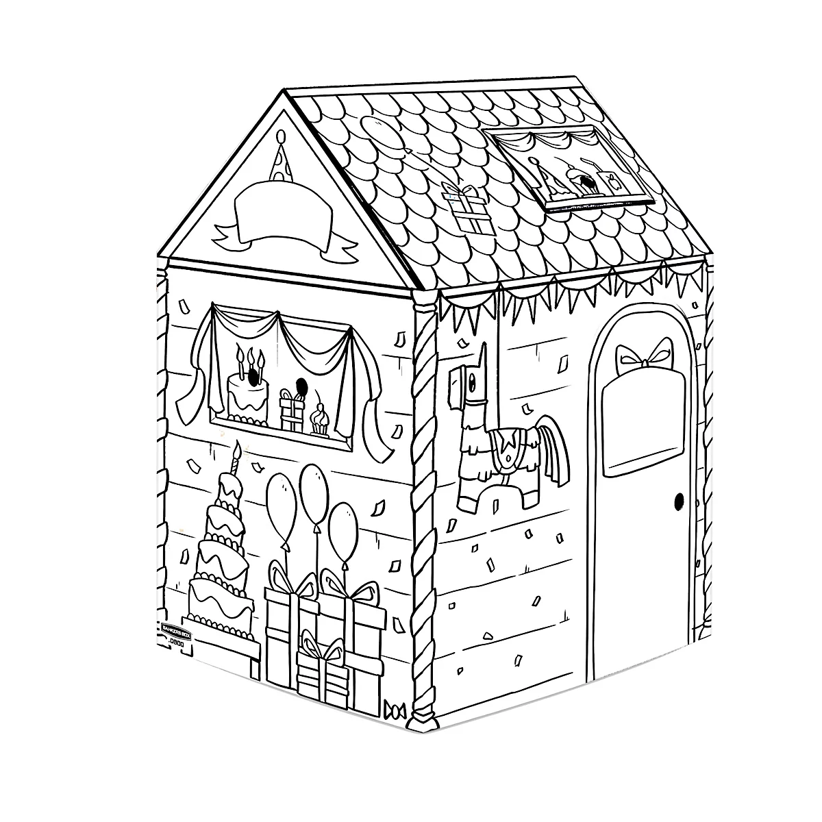 Une maison de fête en noir et blanc décorée de ballons, de boîtes cadeaux, de gâteaux et d'une piñata.