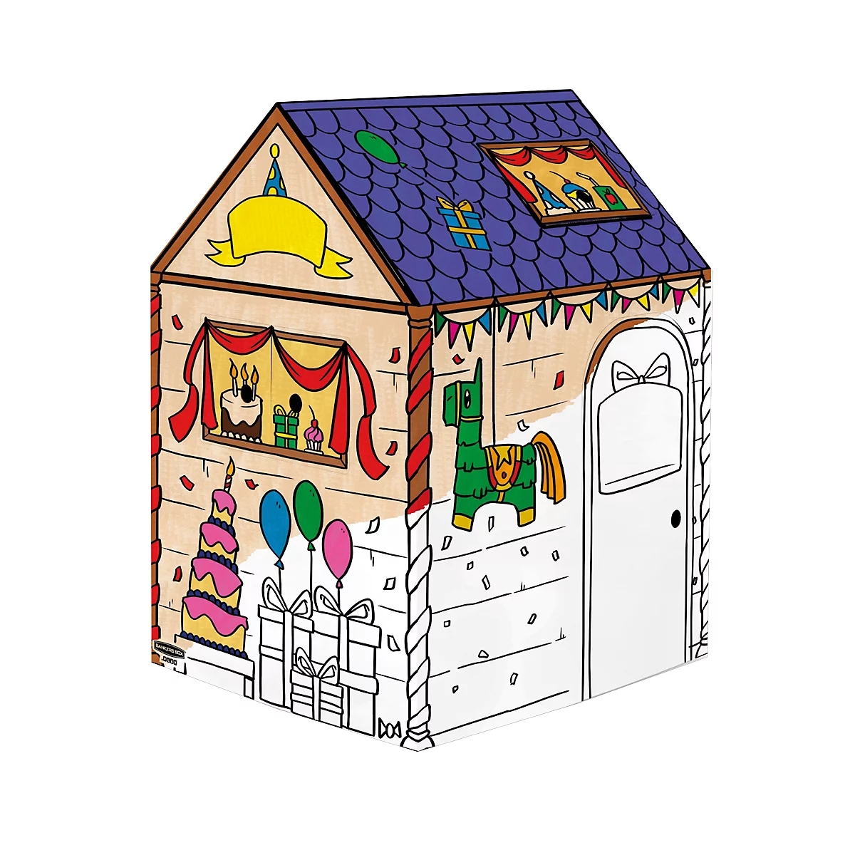 Une cabane de jeux aux couleurs vives avec des décorations de fête : ballons, boîtes cadeaux, gâteaux et une piñata.