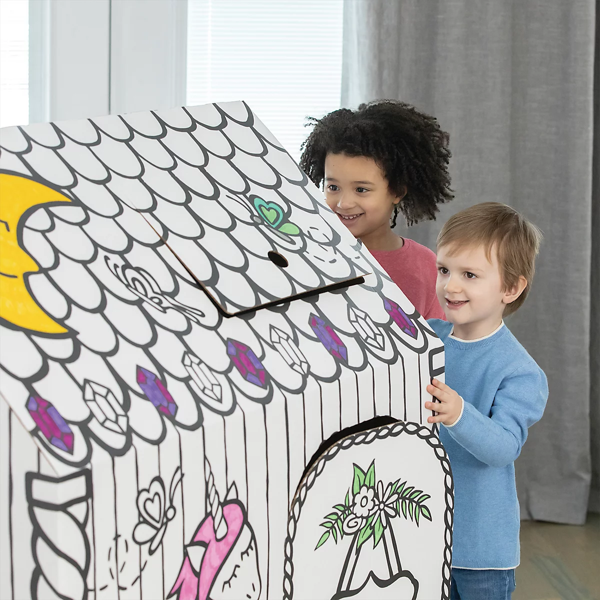 Bankers Box Maison de jeu XL Playhouse Unicorn, motif licorne, carton ondulé, à peindre, portes/fenêtres, certifiée FSC, L 813 x P 813 x H 1213 mm, blanc