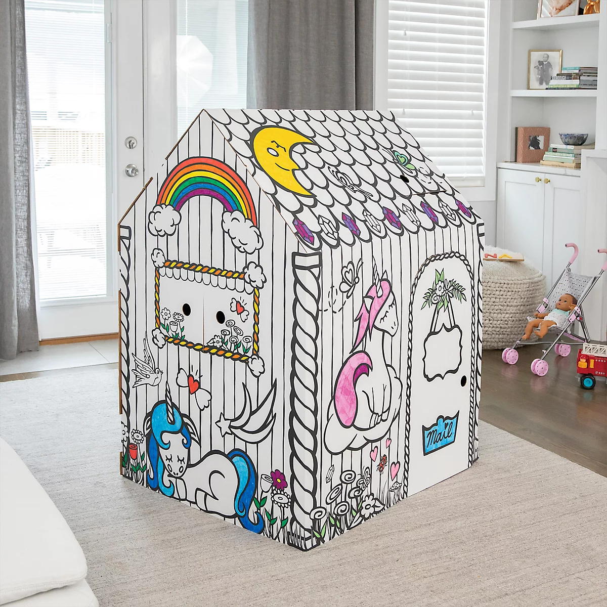 Bankers Box Maison de jeu XL Playhouse Unicorn, motif licorne, carton ondulé, à peindre, portes/fenêtres, certifiée FSC, L 813 x P 813 x H 1213 mm, blanc