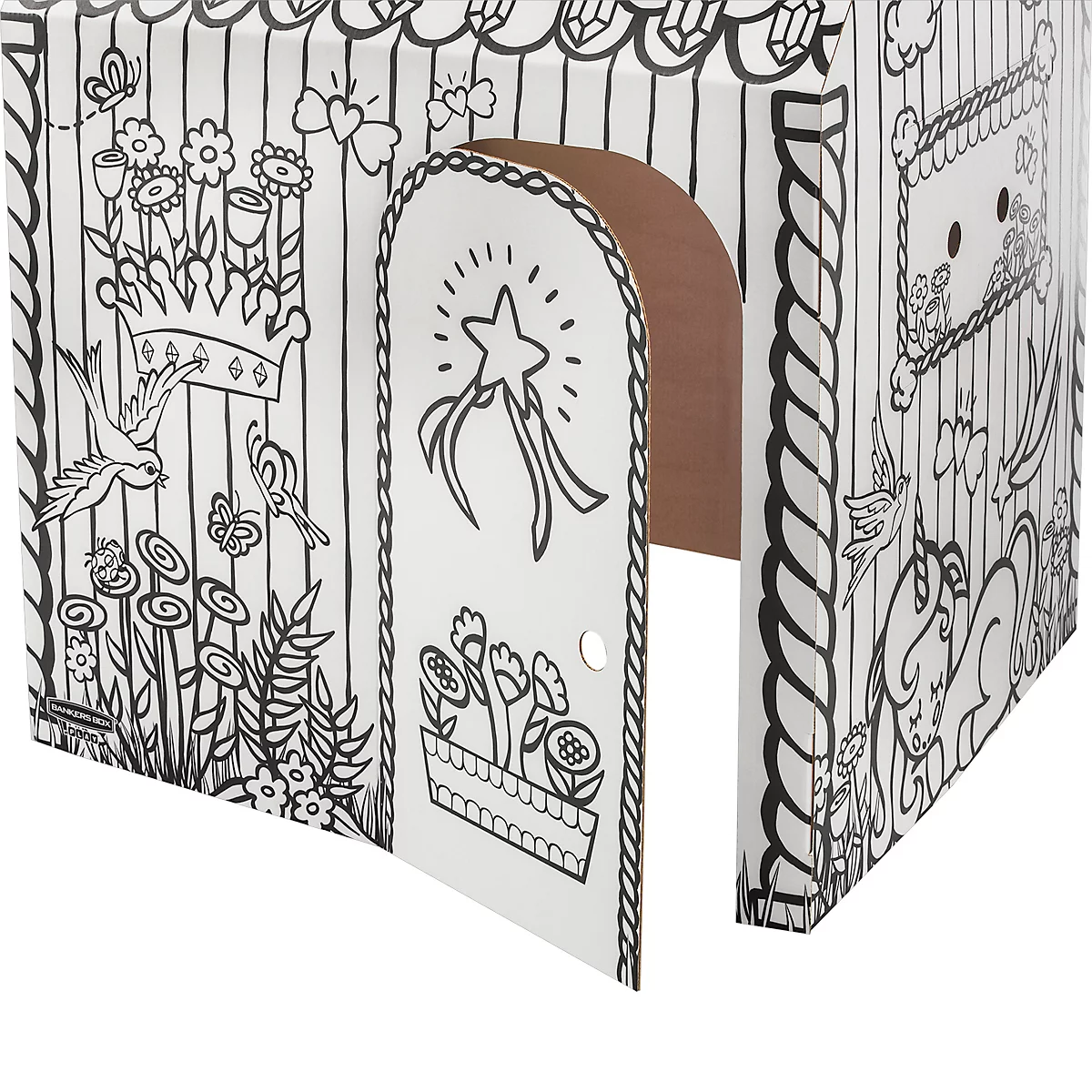 Gros plan sur une cabane avec des fleurs, une étoile et un dessin de licorne. Pour colorier.