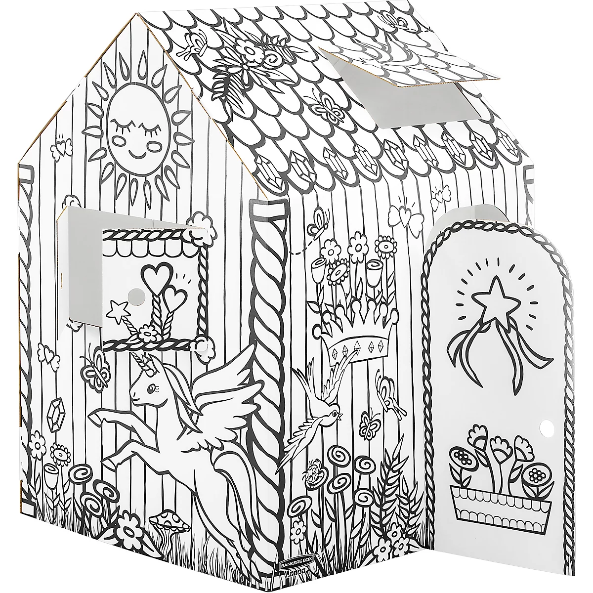 Une cabane en carton non peinte. Elle est décorée d'une licorne, d'un soleil, de fleurs, de papillons et d'une couronne.
