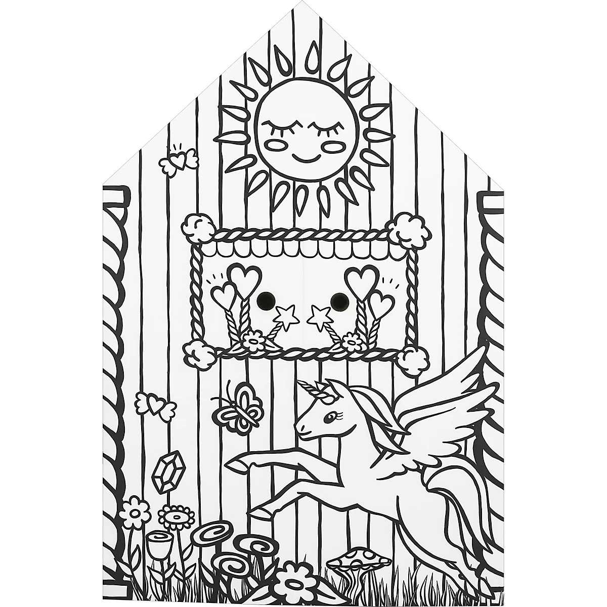 Une licorne ailée saute dans une scène avec un soleil, des fleurs, des papillons et un cadre de fenêtre avec des décorations de cœur.