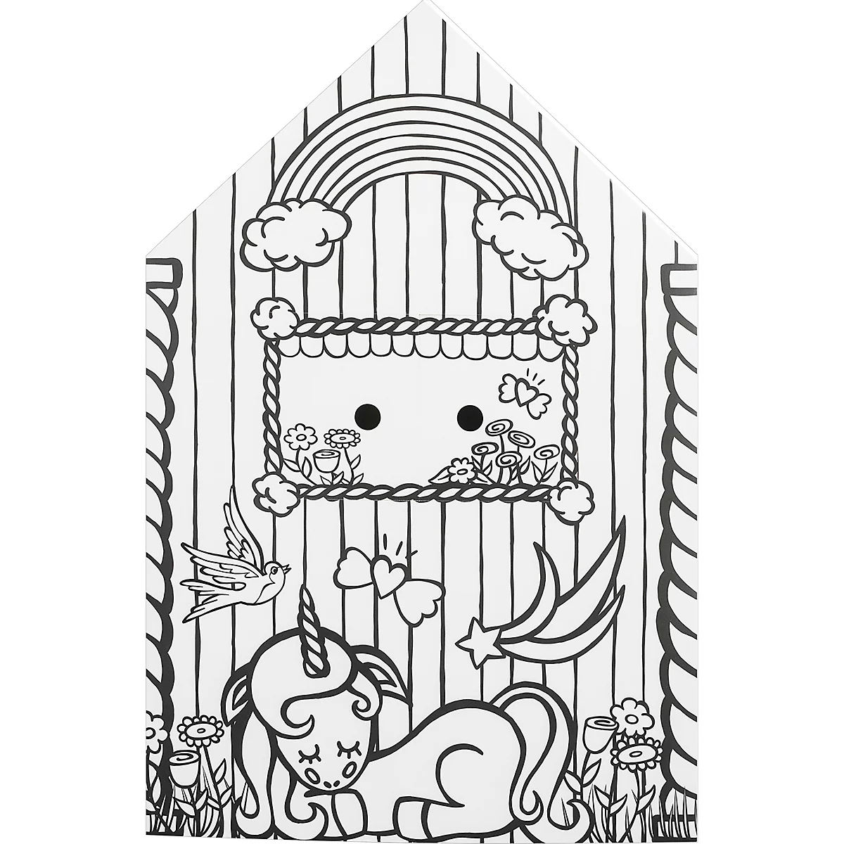 Coloriage : Une licorne est couchée dans l'herbe sous un arc-en-ciel. Il y a des fleurs, des papillons et une étoile filante.
