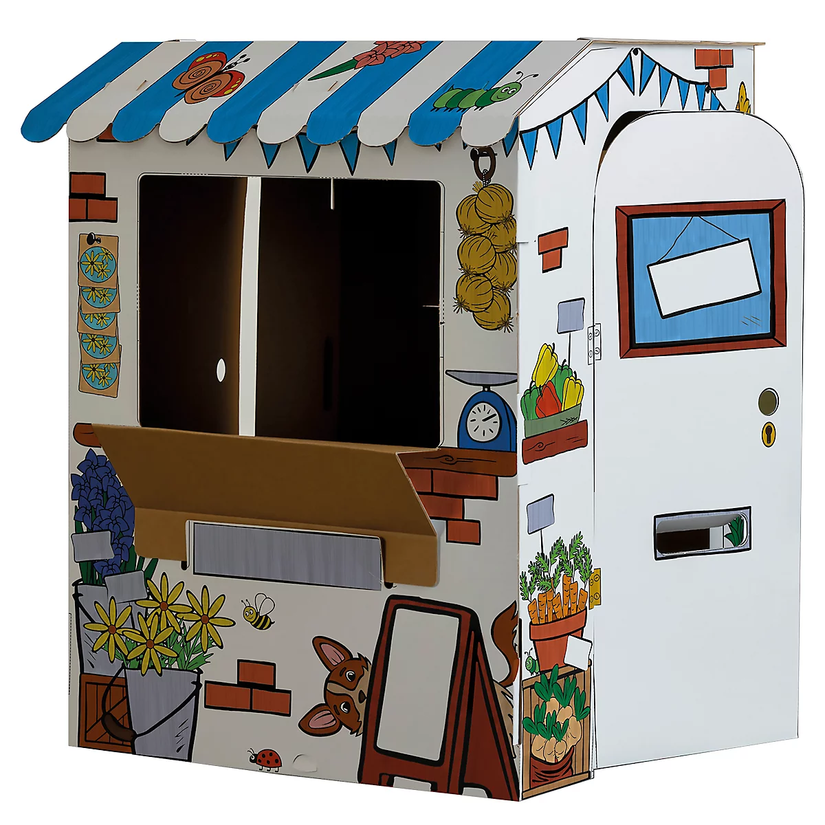 Karton speelgoedwinkel met blauw en wit gestreept dak. Details: ramen, deur, prijzen en decoraties.