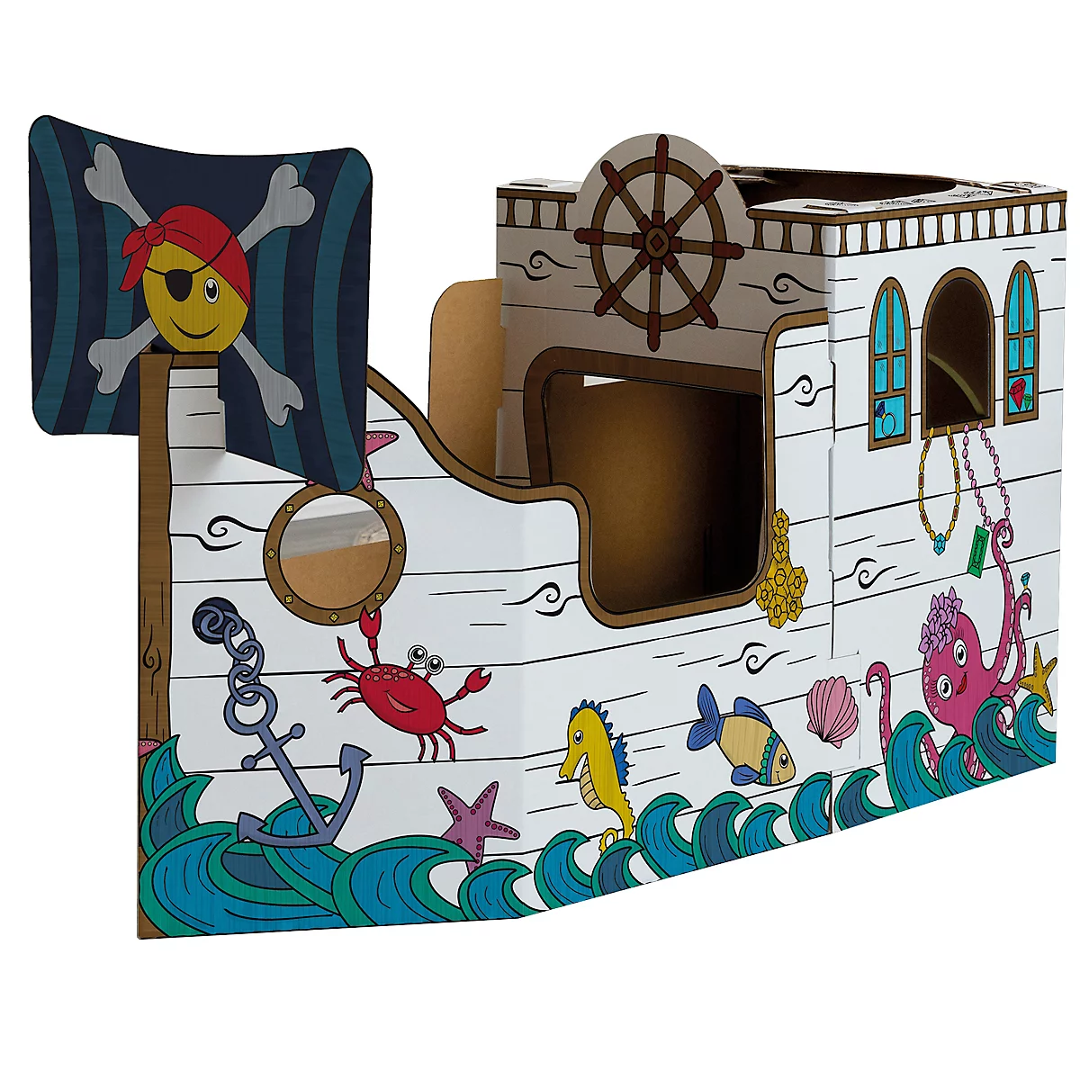 Un jouet de bateau pirate, peint avec des créatures marines, un pirate smiley et des bijoux à bord.