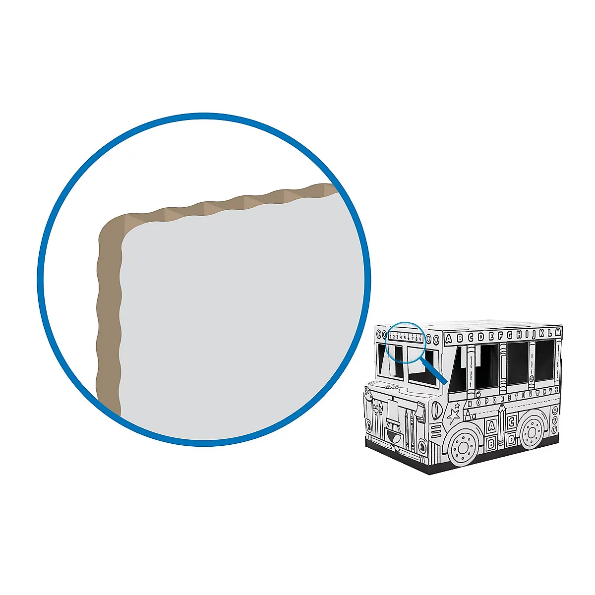 Een speelgoed schoolbus, naast een vergrootglas met een gedetailleerd beeld van de randen.