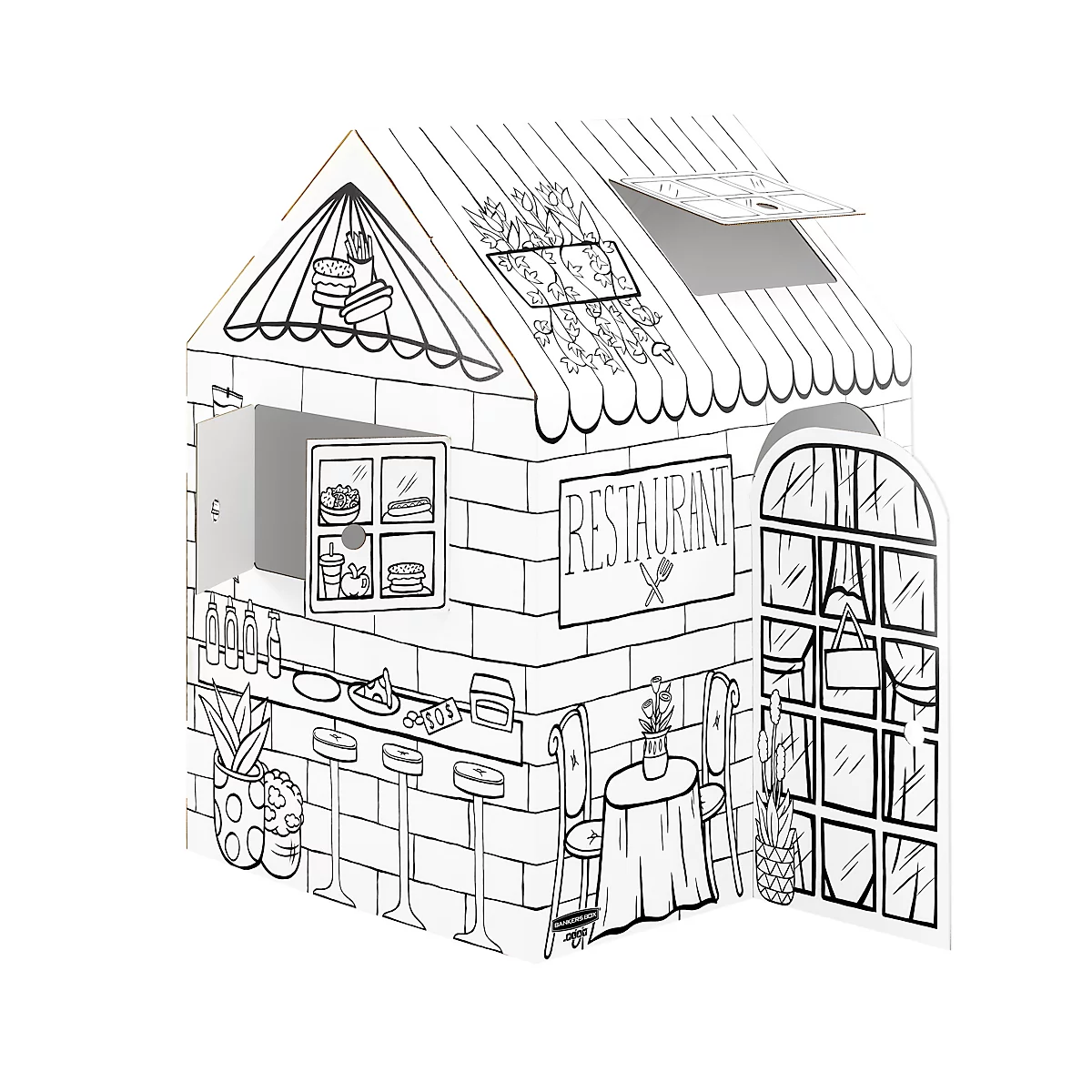 Zwart-wit illustratie van een speelgoedrestaurant met ramen, deuren, tafels en stoelen. Het bord leest "Restaurant".