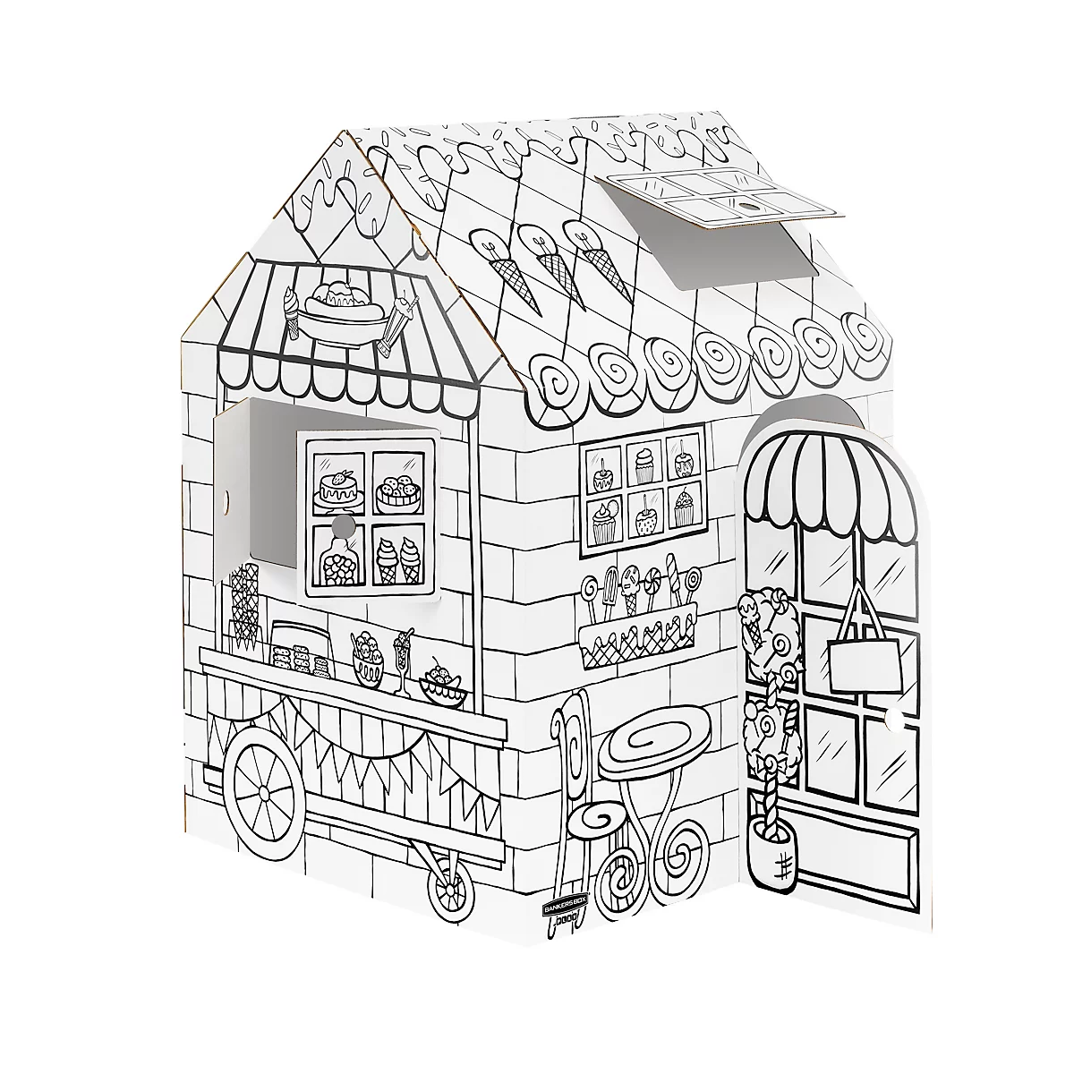 Ein schwarz-weißes Eiswagen-Spielhaus mit Fenster, Theke, Stühlen und Sonnensegeln.