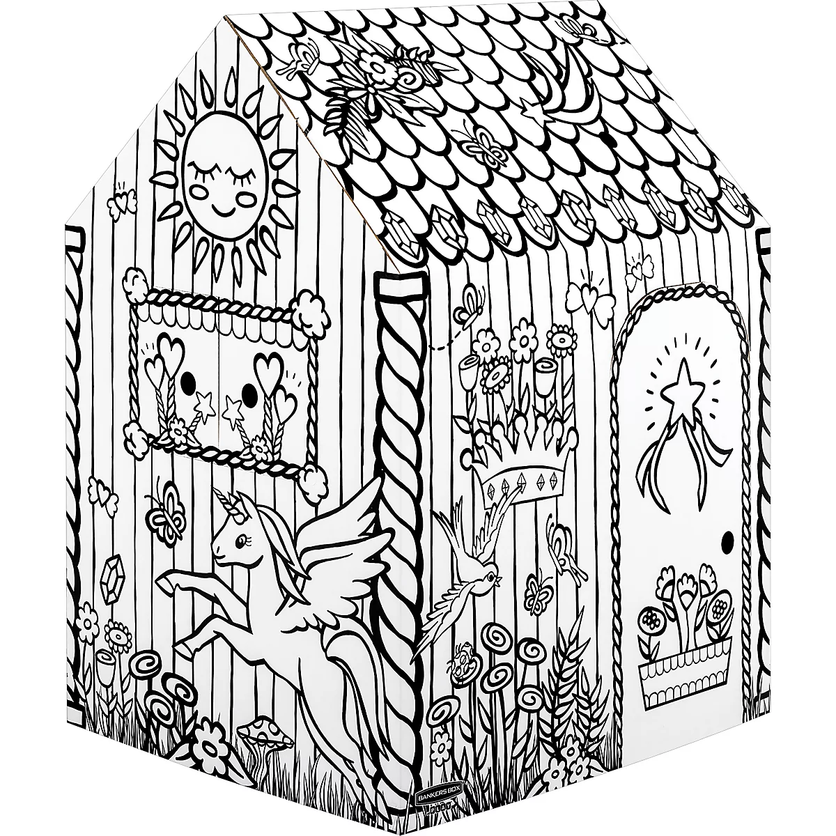 Schwarz-weißer Spielhaus-Umriss, dekoriert mit Einhorn, Sonne, Schmetterlingen und Blumen.