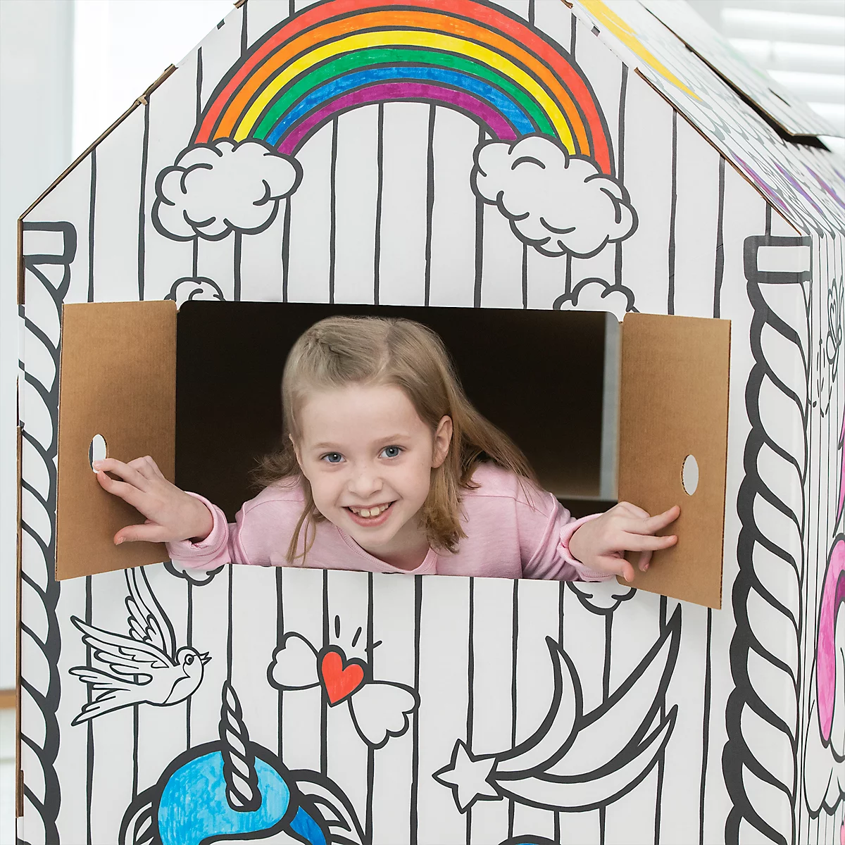 Bankers Box Spielhaus XL Playhouse Unicorn, Einhorn-Motiv, Wellpappe, bemalbar, Türen/Fenster, FSC-zertifiziert, B 813 x T 813 x H 1213 mm, weiß