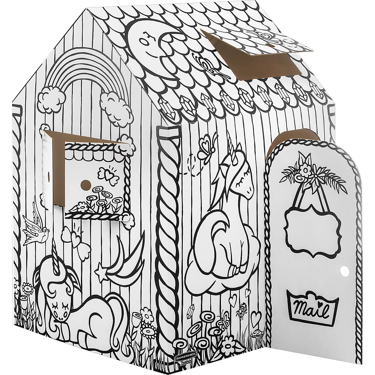 Ein ausmalbares Häuschen mit Einhorn-Motiven, Fenster, Regenbogen und Briefkasten.