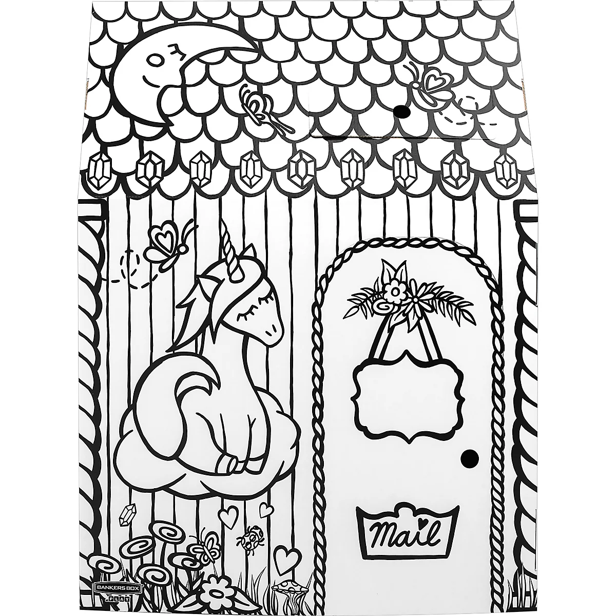 Bankers Box Spielhaus XL Playhouse Unicorn, Einhorn-Motiv, Wellpappe, bemalbar, Türen/Fenster, FSC-zertifiziert, B 813 x T 813 x H 1213 mm, weiß