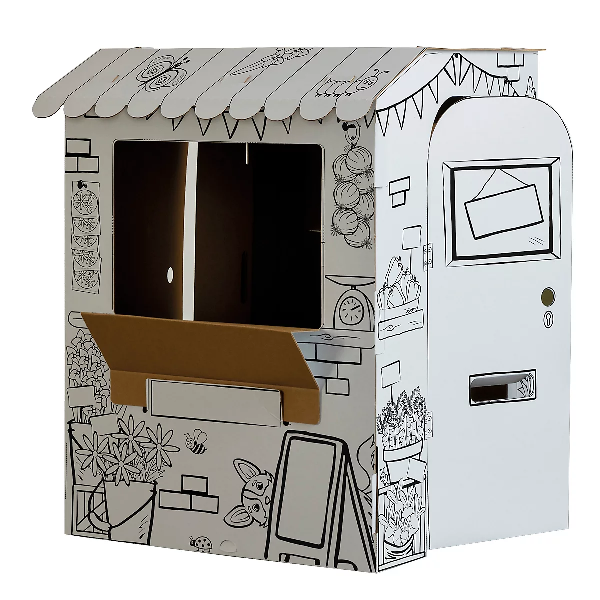 Une boutique en carton blanc avec des dessins au trait noirs. Elle a une fenêtre, un comptoir et des détails tels qu'une balance, des fleurs et une enseigne.