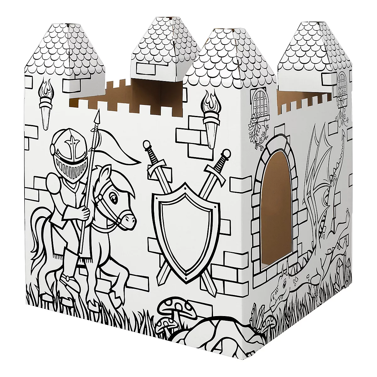 Ein ausmalbares Pappschloss. Ein Ritter auf einem Pferd und ein Drache sind aufgemalt.