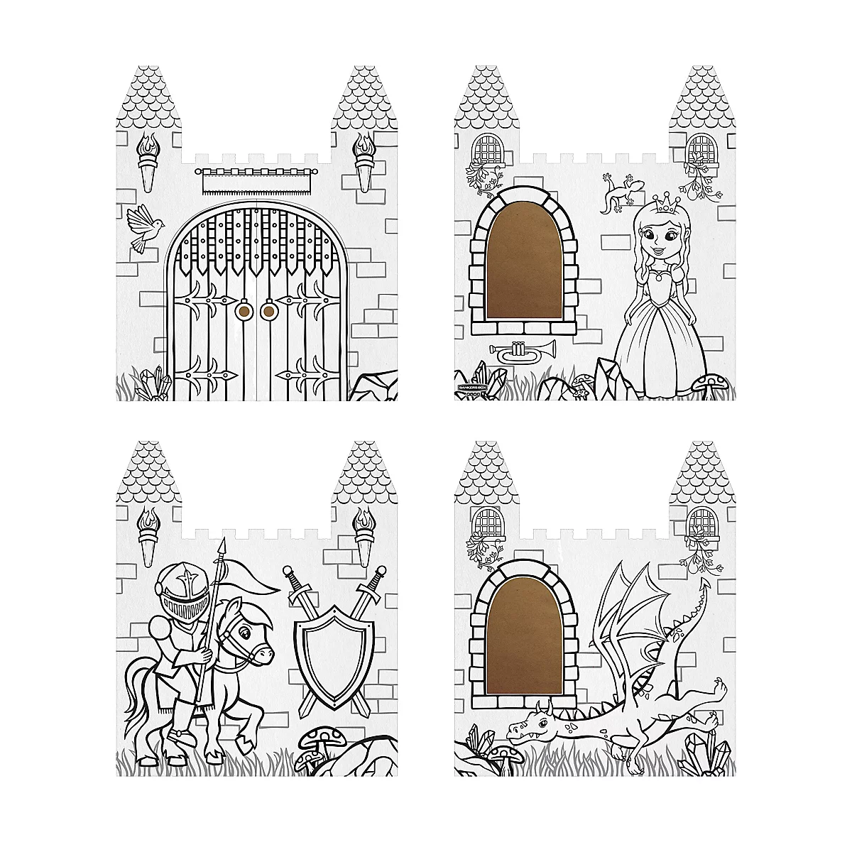 Quatre pages à colorier : château avec porte, princesse, chevalier et dragon.
