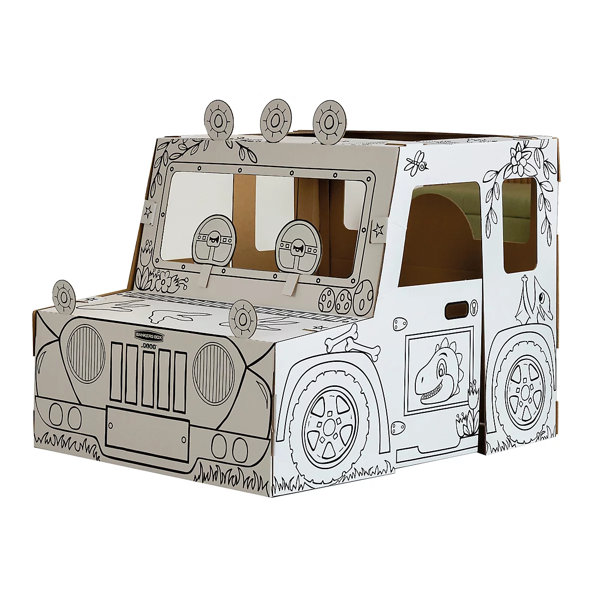 Une voiture en carton à peindre avec un motif de dinosaure. La voiture a de grandes roues, des phares et un volant.