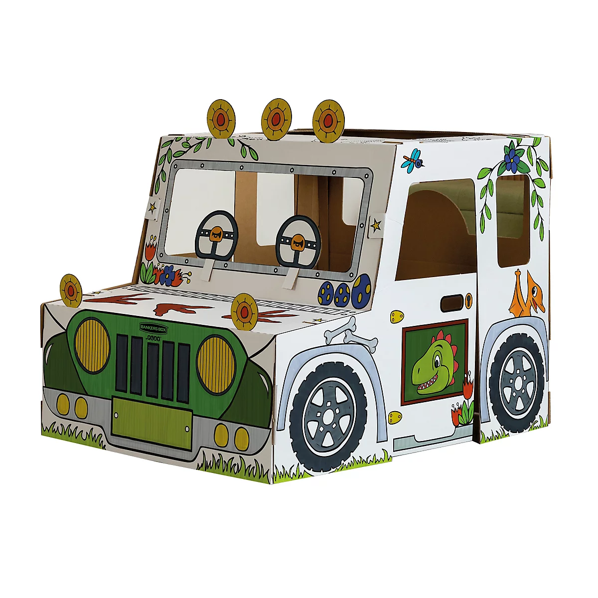 Een kartonnen auto met dinosaurussen, gele koplampen en wielen. De voorruit biedt een blik op het stuur.