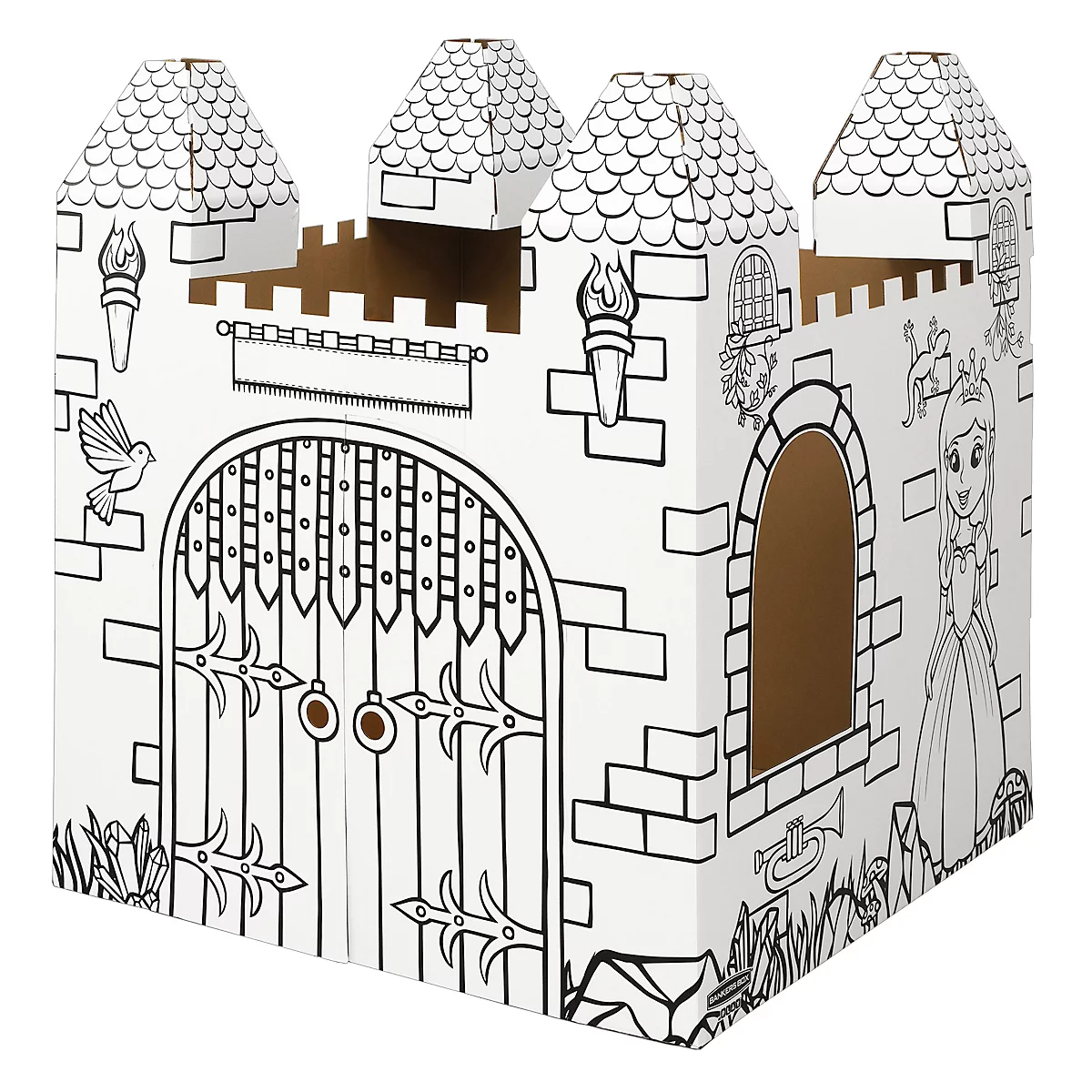 Een kartonnen kasteel om in te kleuren. Afbeelding van een prinses, poort, ramen en torens.