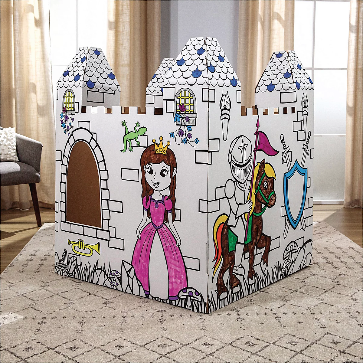 Een kartelen kasteel om in te kleuren, met prinses, ridder en paard. Decoraties.