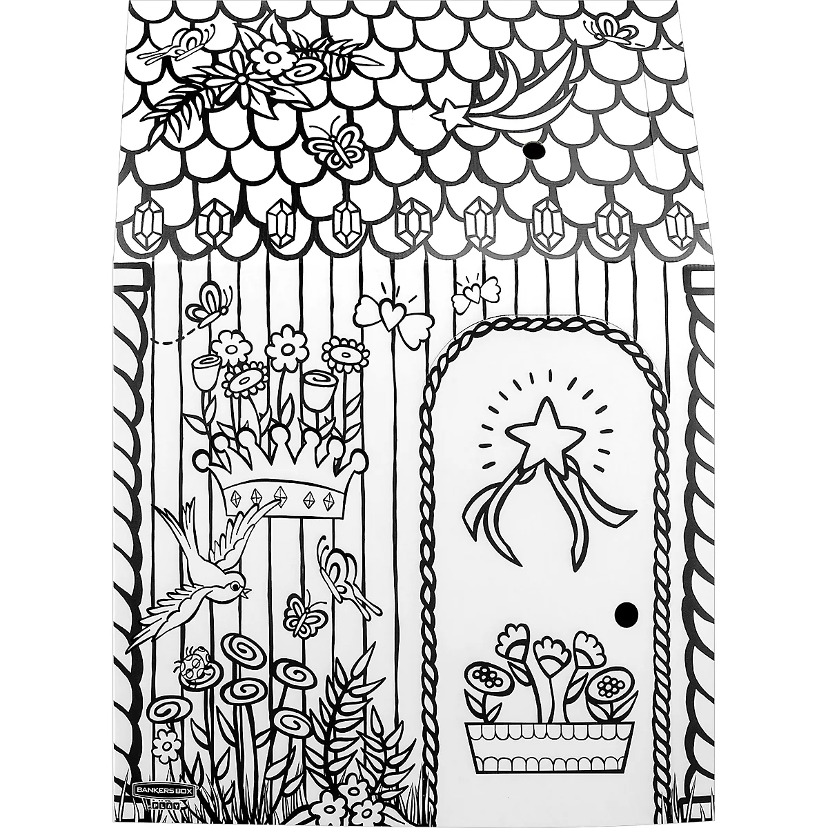 Kleurplaat: Een huis met dak, deur en tuin. Versierd met bloemen, vlinders, een kroon en een ster.