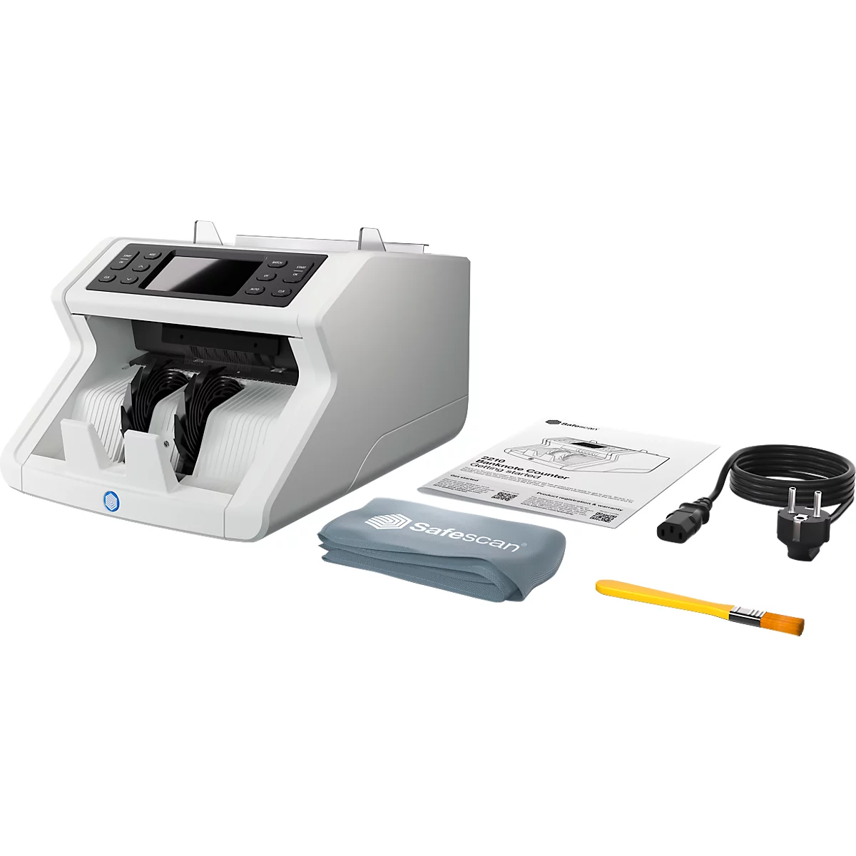 Gray-white money counting machine with accessories: cable, brush, cleaning cloth, and manual.