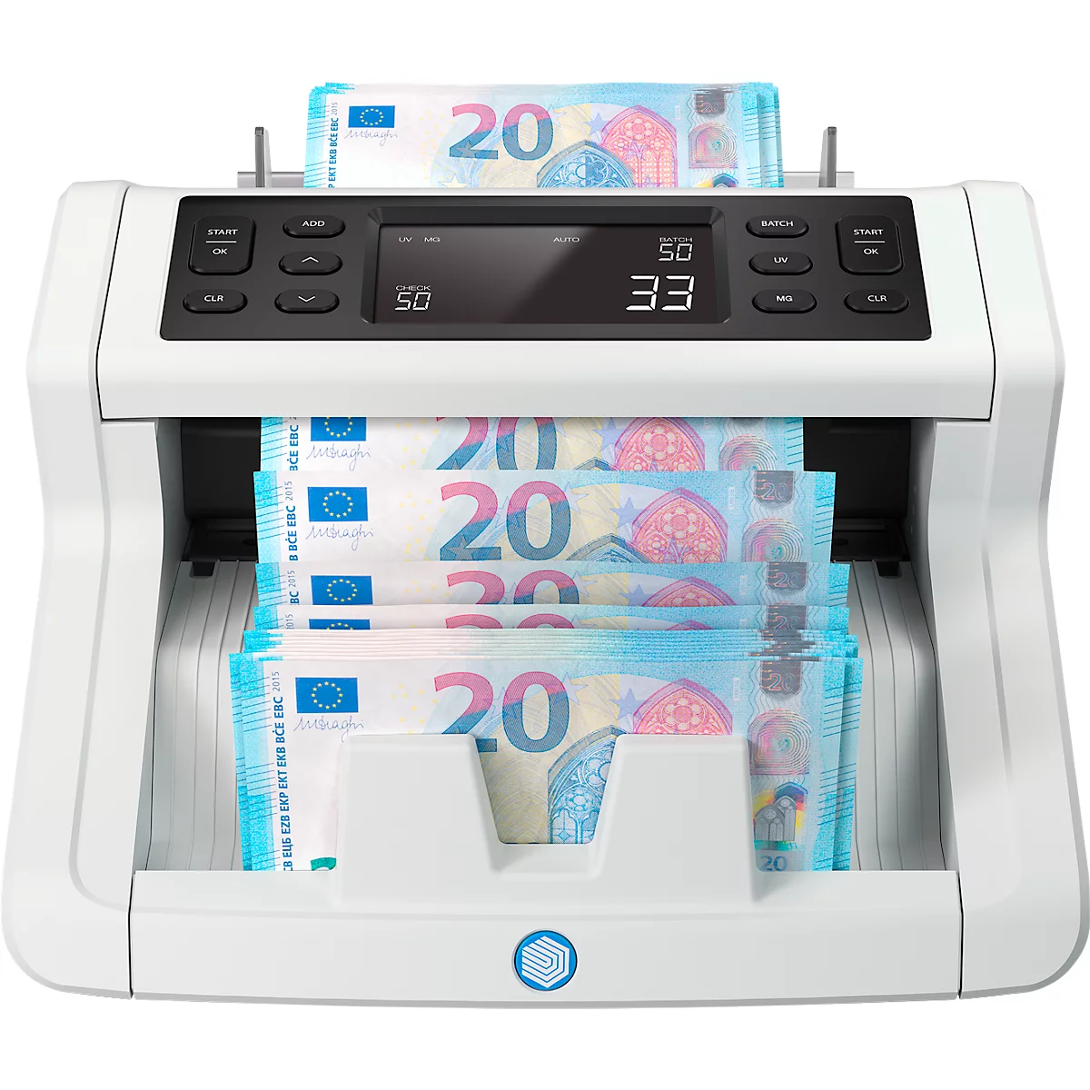 Money counting machine with 20 euro banknotes. The display shows: 50 and 33. The machine is white and shows a logo.
