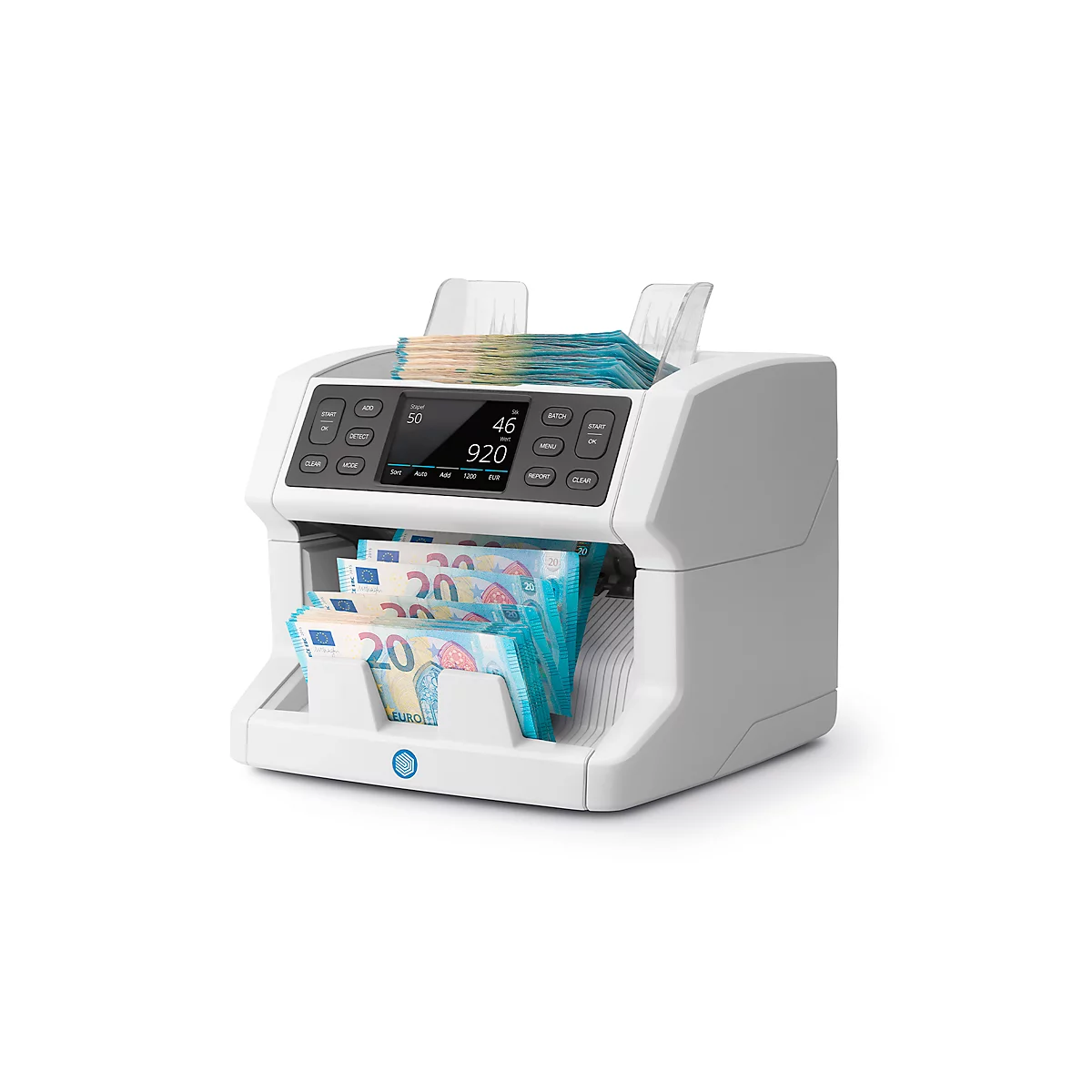 Geldscheinzählmaschine in Weiss mit Euro-Noten; Display zeigt 46 und 920.