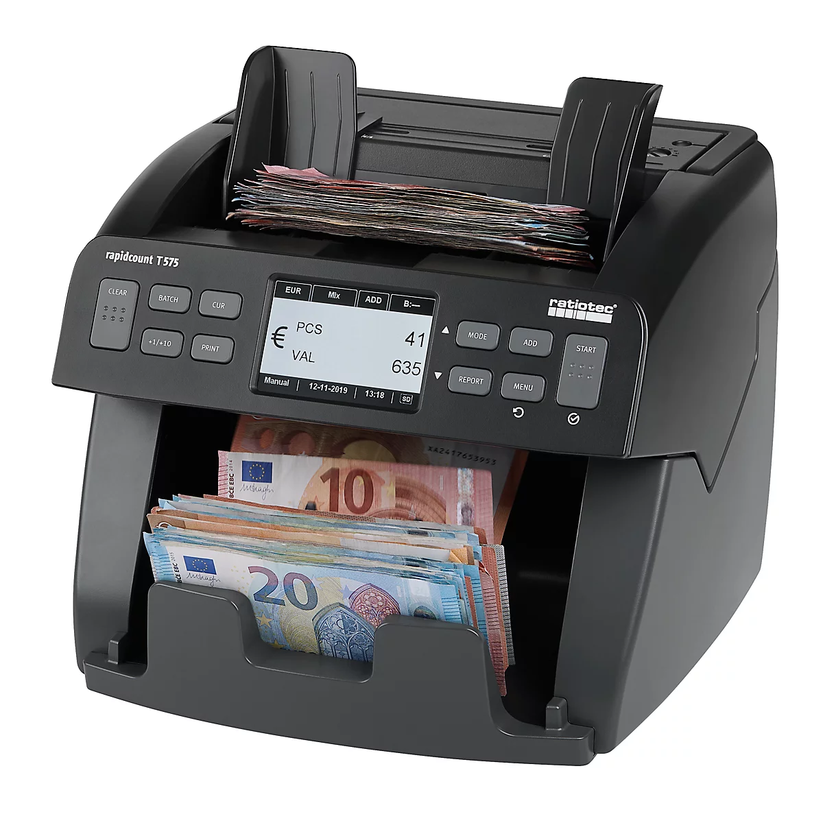 Schwarzer Banknotenzähler mit Bargeld, das in den Ein- und Ausgabefächern liegt. Auf dem Bildschirm werden Informationen wie Euro und Stückzahl angezeigt.