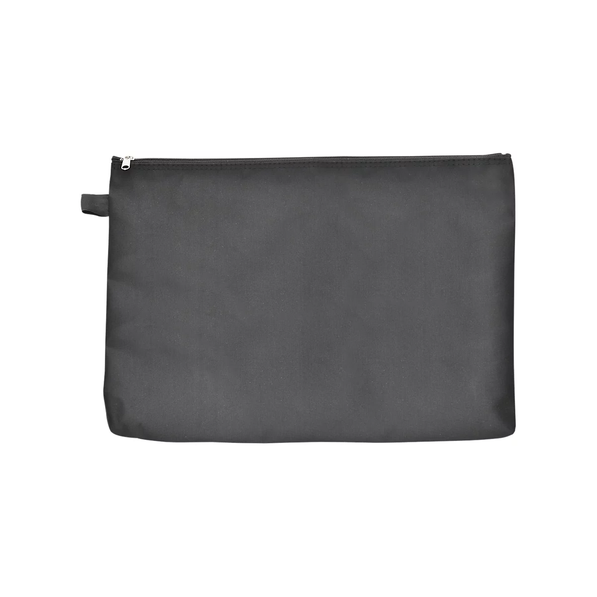 Dunkelgraue Reißverschlusstasche, rechteckig, mit Lasche.