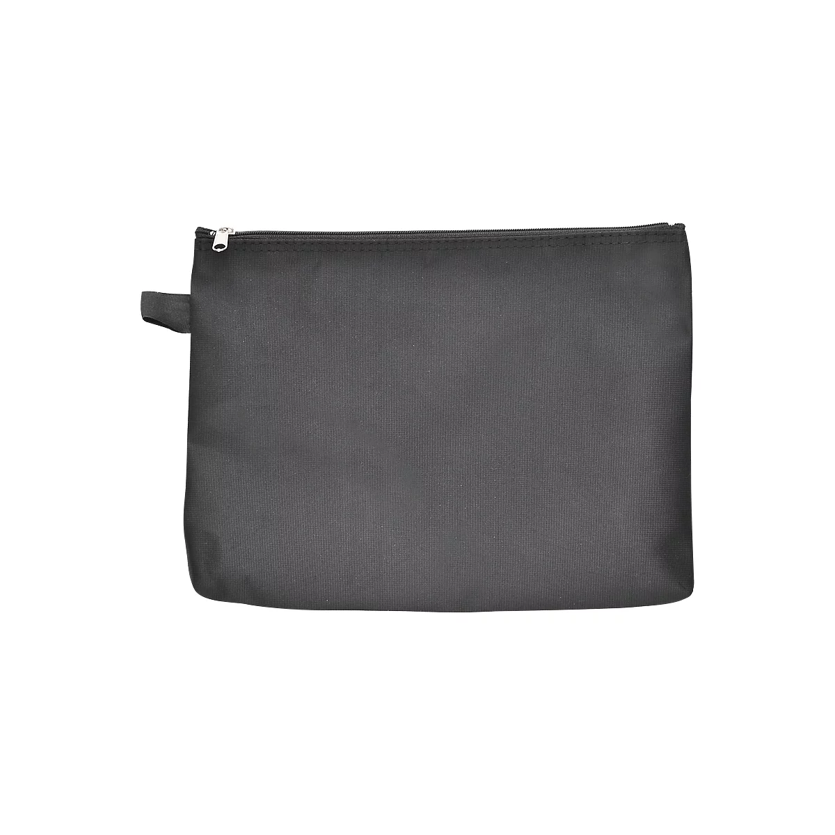 Graue, rechteckige Reißverschlusstasche. Der Reißverschluss ist oben, links eine Schlaufe.