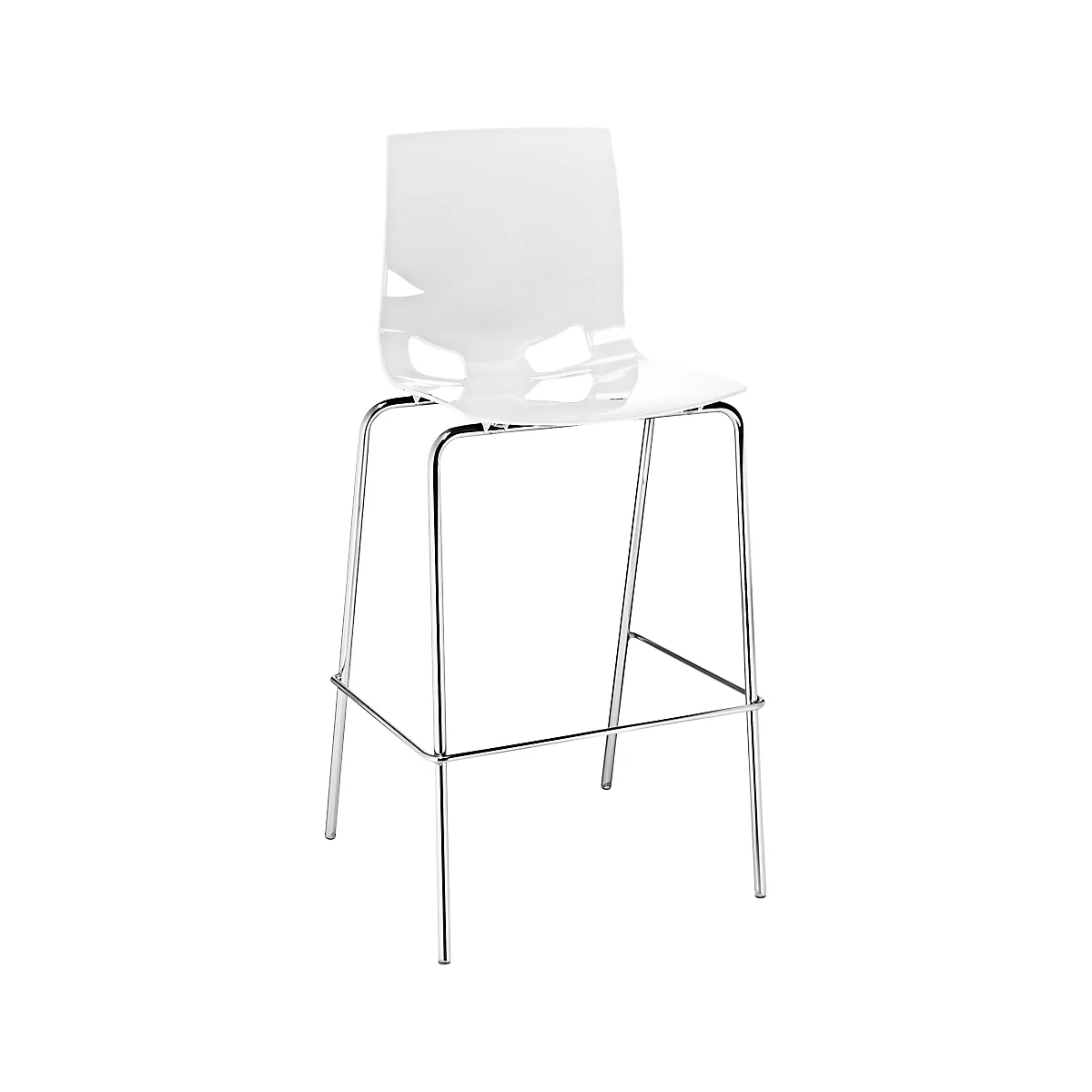 White bar stool with backrest and chrome frame.