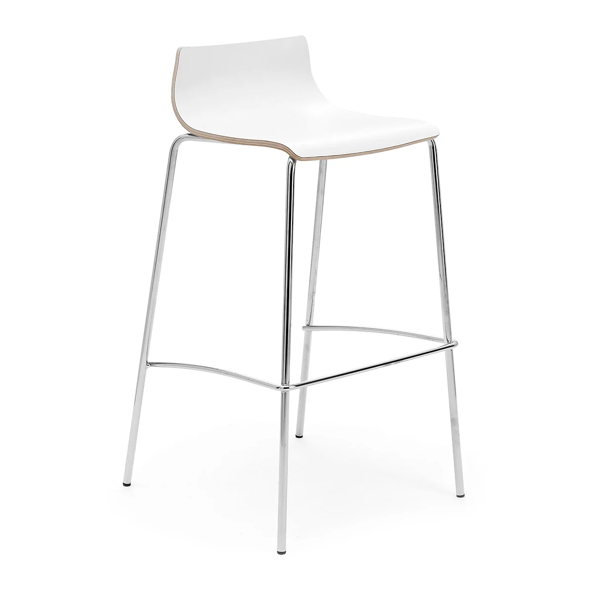 White bar stool with chrome legs on a white background.