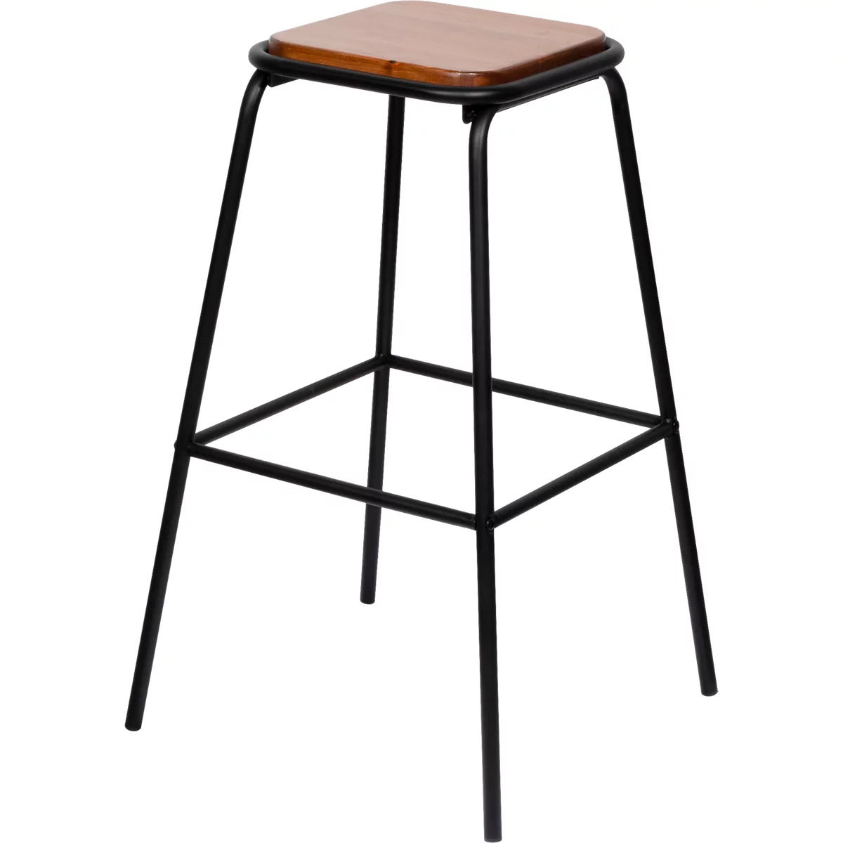 Stool with square wooden top and black metal frame.