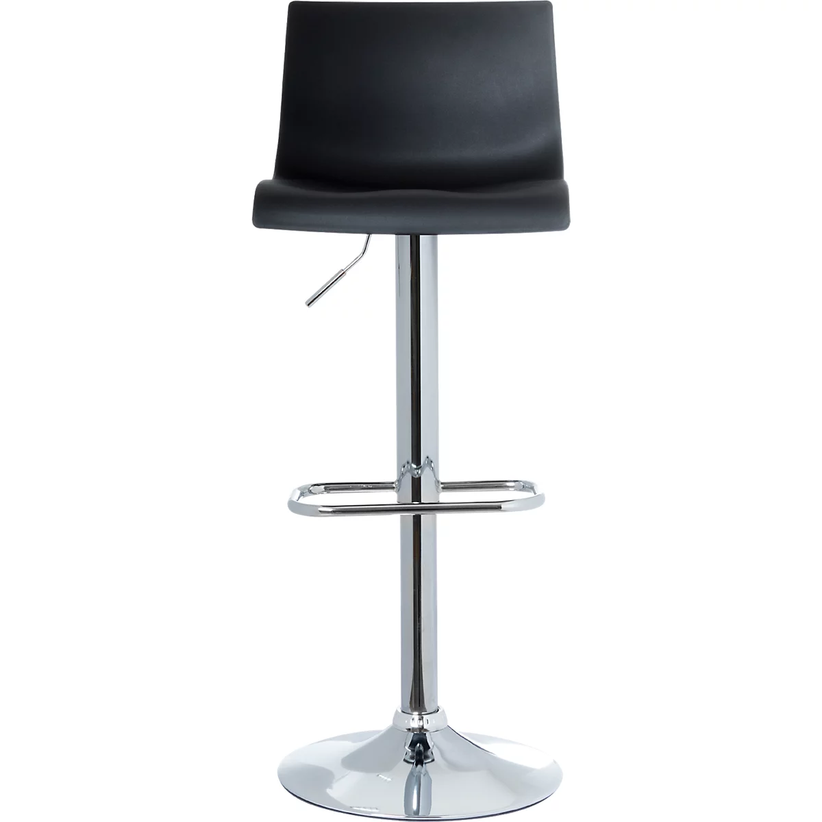 Black bar stool, chrome frame, footrest, height adjustable.