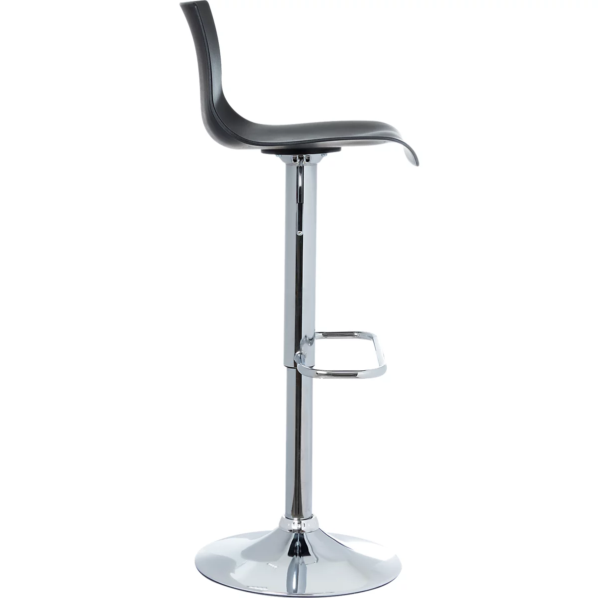 Black bar stool with curved seat and chrome-plated frame on white background.