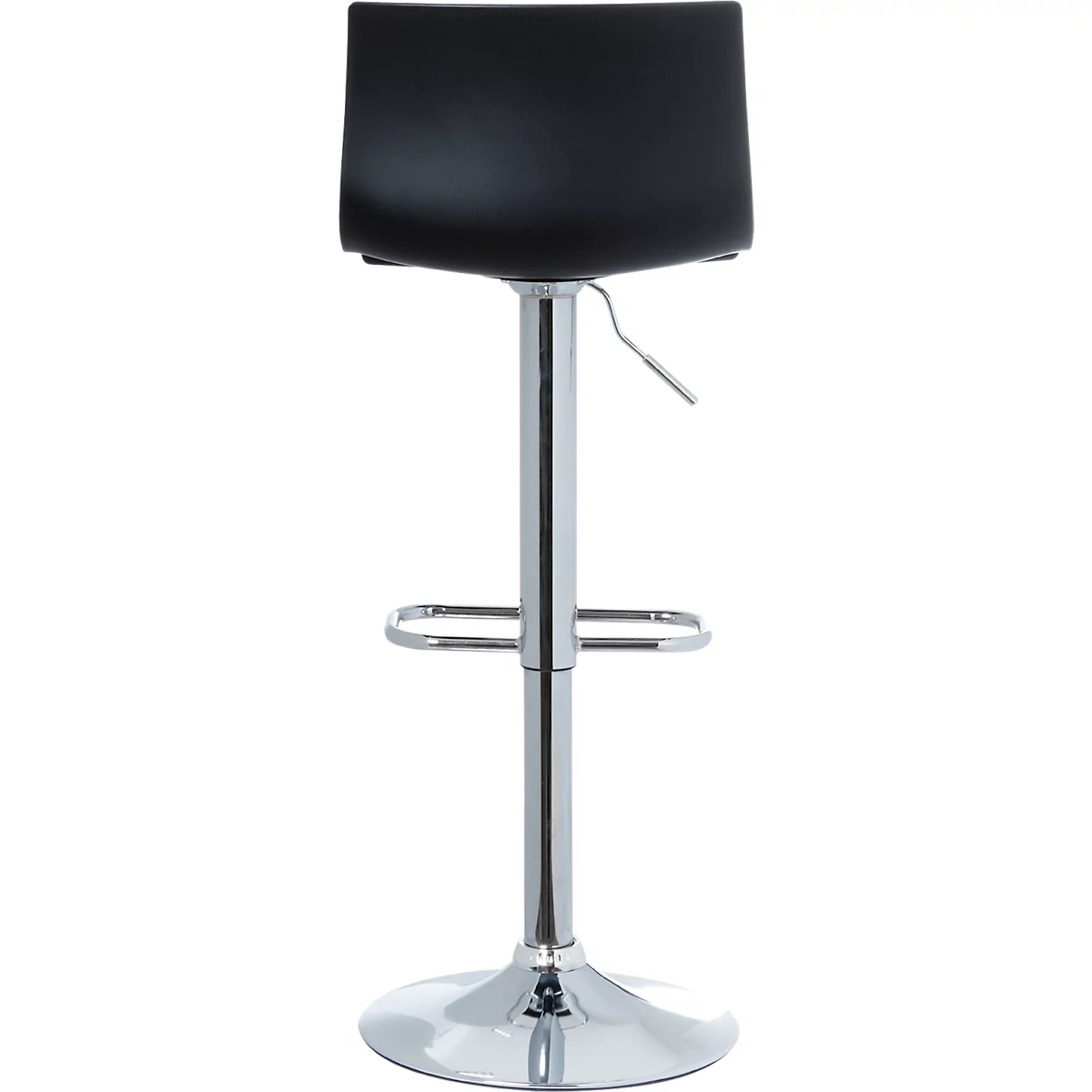 A black bar stool with a chrome frame. The seat is square and padded, the footrest is round.